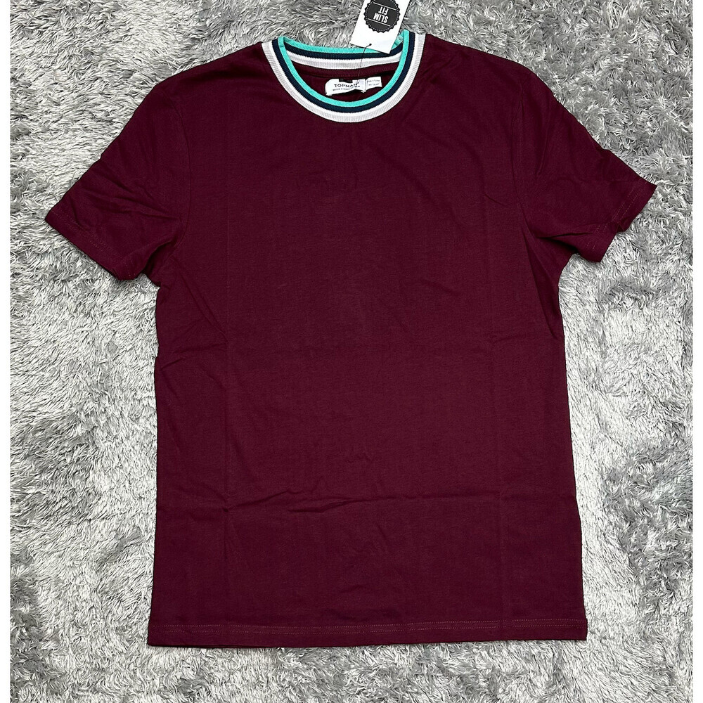 Topman Men's Tipped Ringer T-Shirt short sleeve Burgundy Withi Stripe Size S